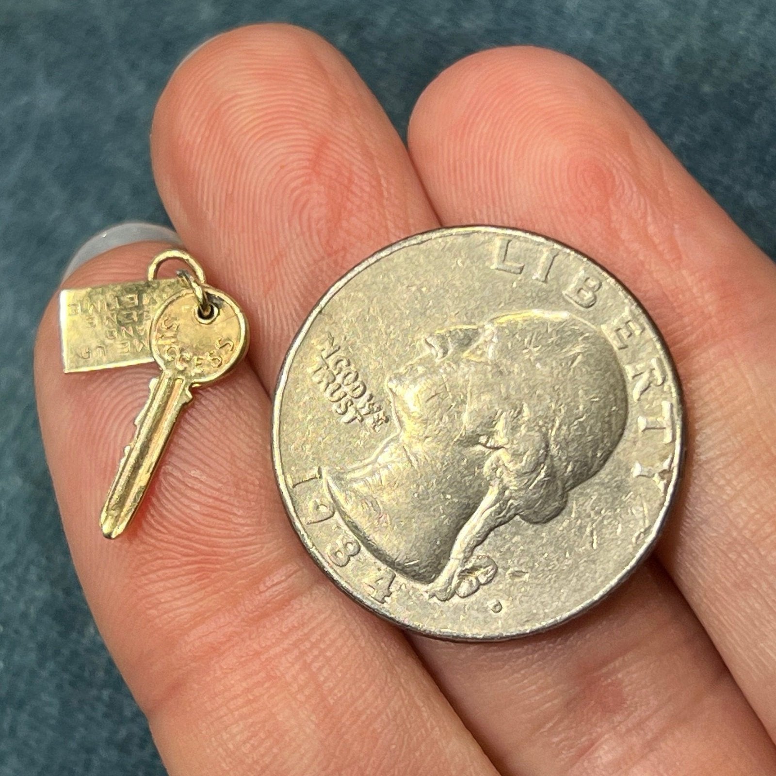 10k Gold *Tiny* Room Key Pendant. "Come Up + See me Some Time"