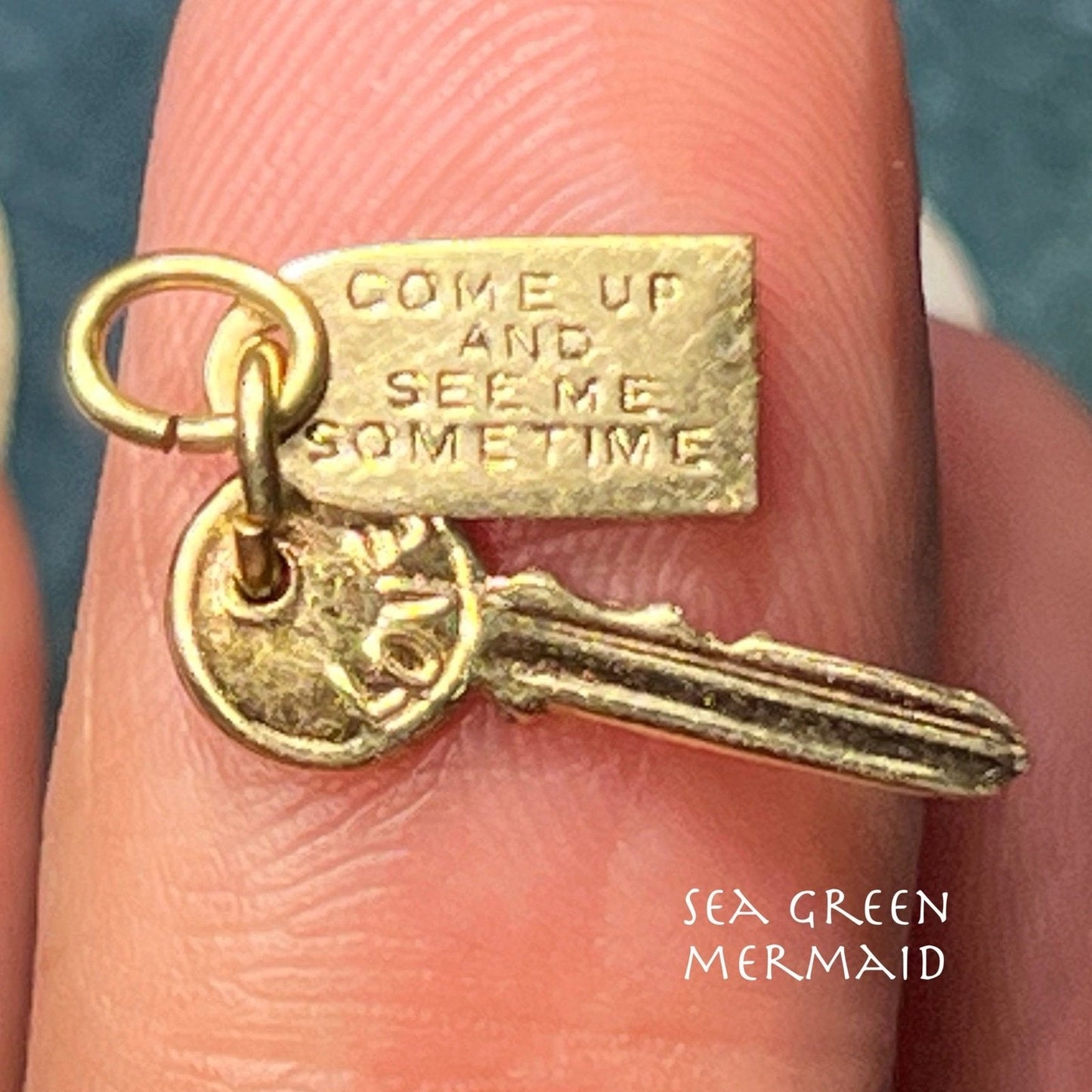 10k Gold *Tiny* Room Key Pendant. "Come Up + See me Some Time"