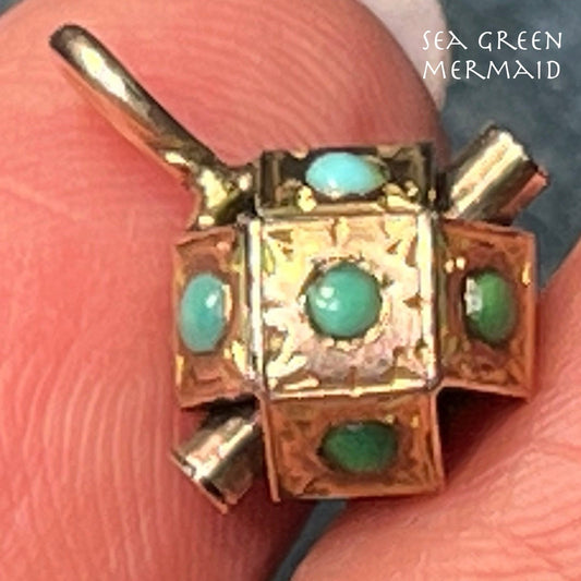 10k Gold Turquoise Sphere + Rod Watch Fob Pendant. Victorian *TINY*