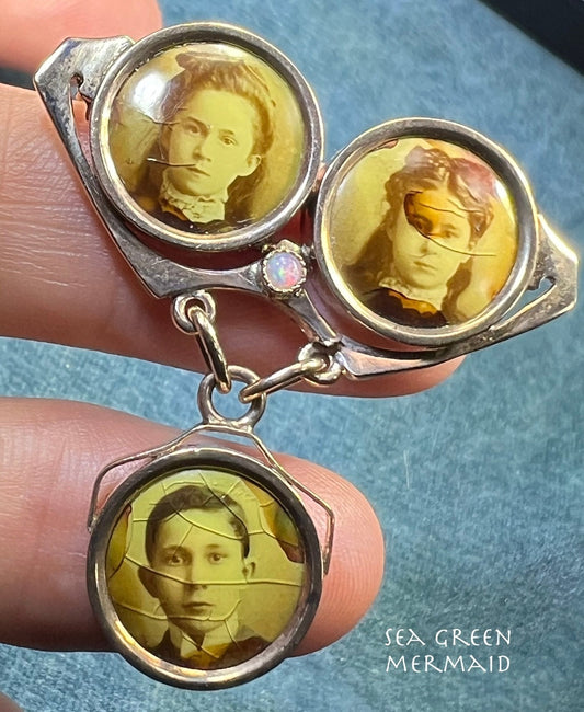 10k Gold Victorian 3 Children Sepia Portrait Mother's Pendant w Opal