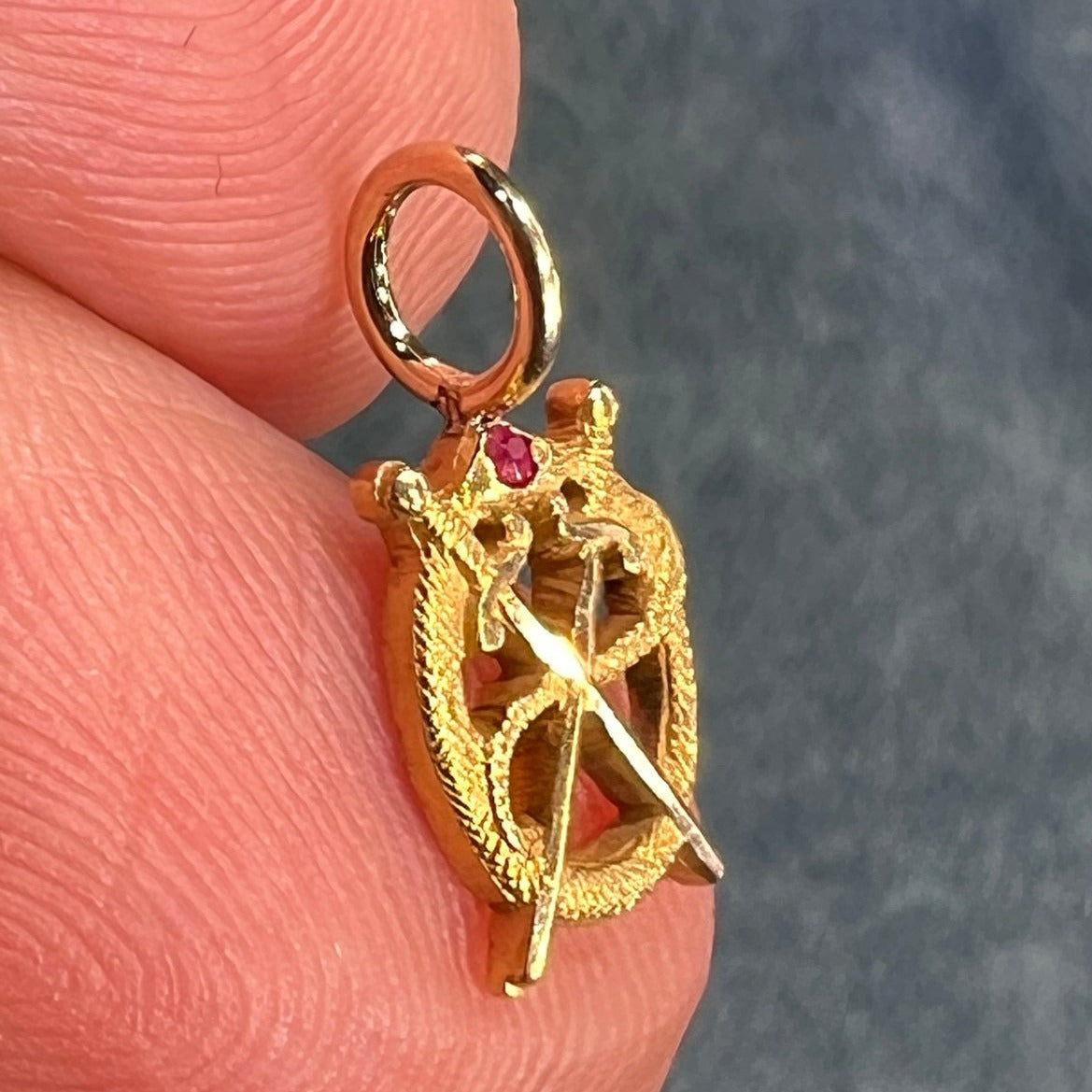 10k Gold Victorian Ruby Head Snake + Crossed Swords Pendant. Tiny!