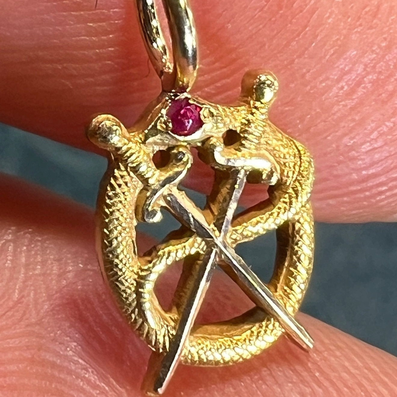 10k Gold Victorian Ruby Head Snake + Crossed Swords Pendant. Tiny!