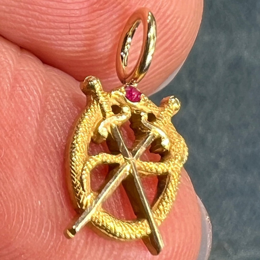 10k Gold Victorian Ruby Head Snake + Crossed Swords Pendant. Tiny!