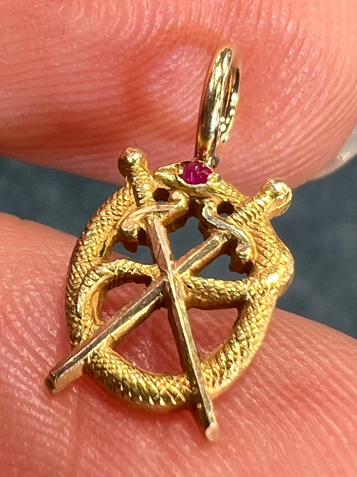 10k Gold Victorian Ruby Head Snake + Crossed Swords Pendant. Tiny!