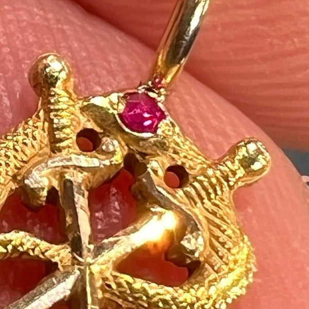 10k Gold Victorian Ruby Head Snake + Crossed Swords Pendant. Tiny!