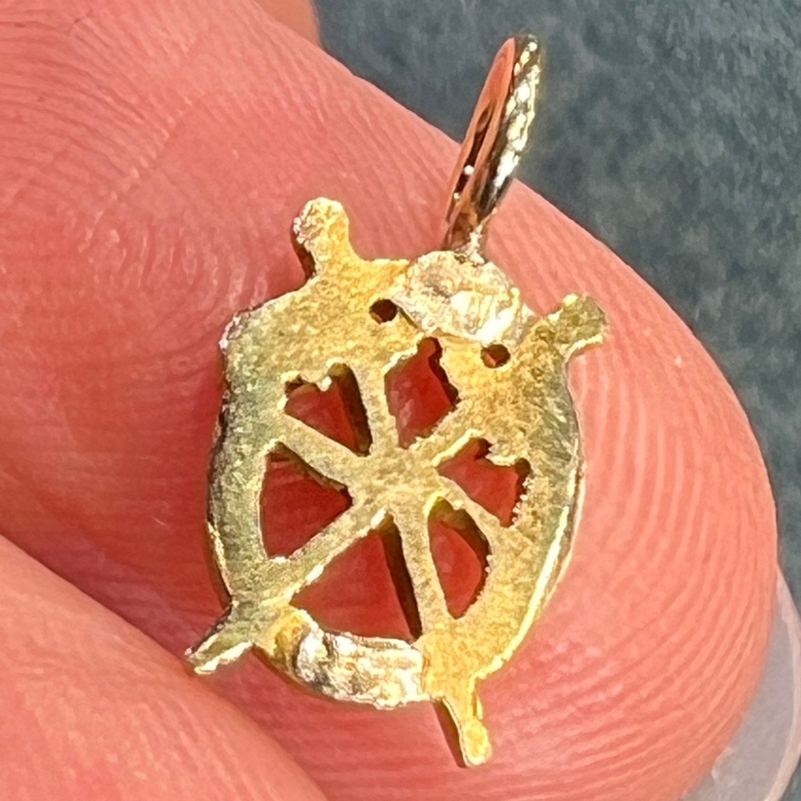 10k Gold Victorian Ruby Head Snake + Crossed Swords Pendant. Tiny!