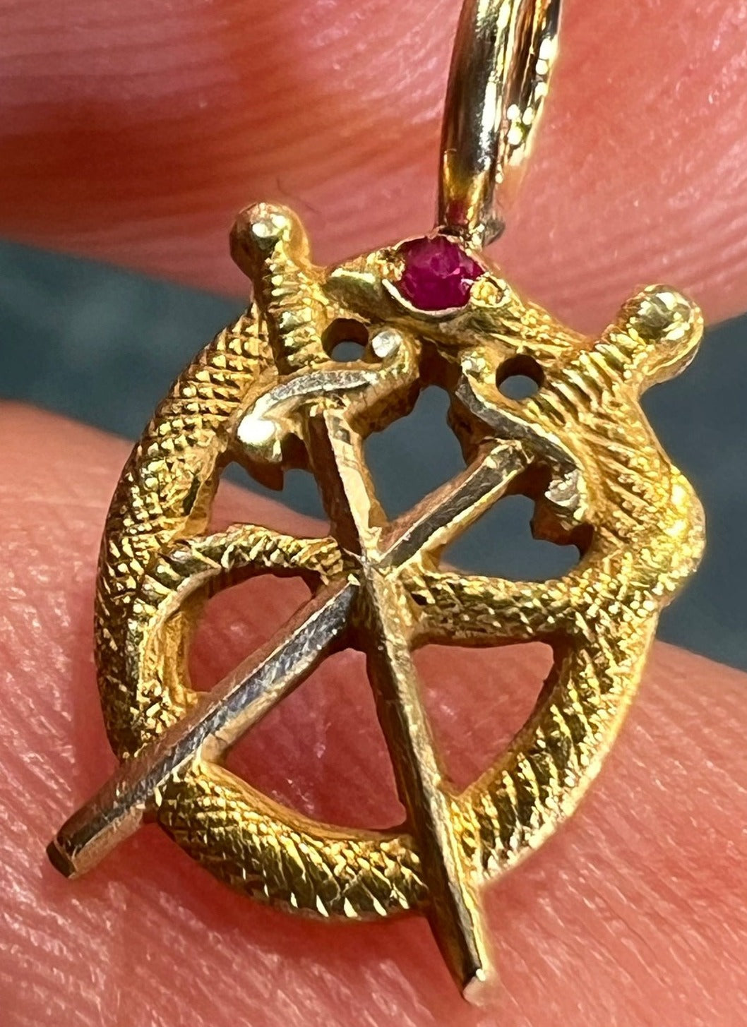 10k Gold Victorian Ruby Head Snake + Crossed Swords Pendant. Tiny!