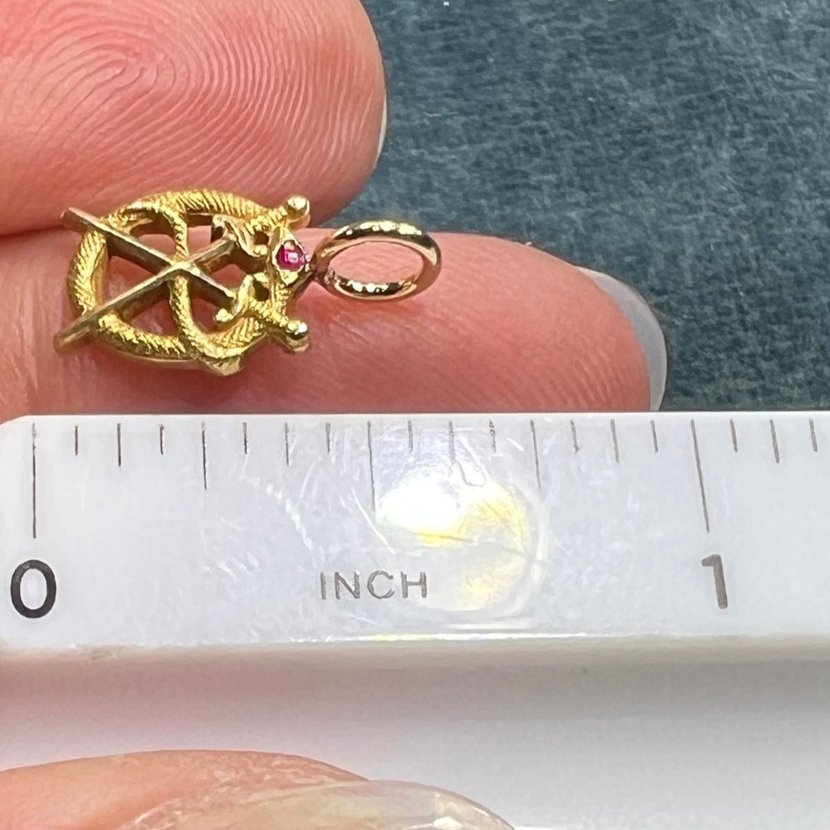 10k Gold Victorian Ruby Head Snake + Crossed Swords Pendant. Tiny!