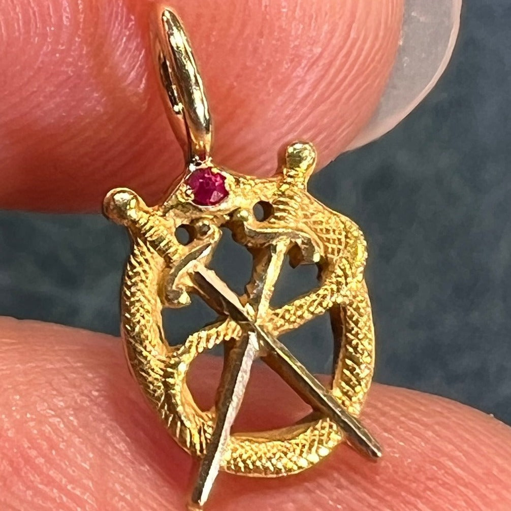 10k Gold Victorian Ruby Head Snake + Crossed Swords Pendant. Tiny!