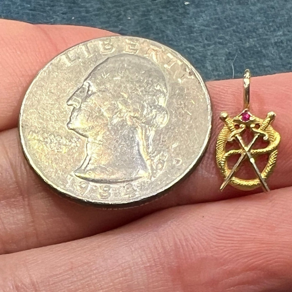 10k Gold Victorian Ruby Head Snake + Crossed Swords Pendant. Tiny!