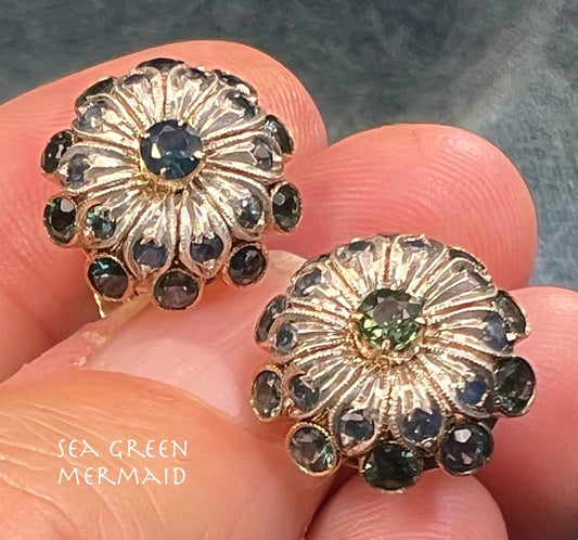 10k White Gold Antique 1.5 TCW Blue Sapphire Flower Earrings