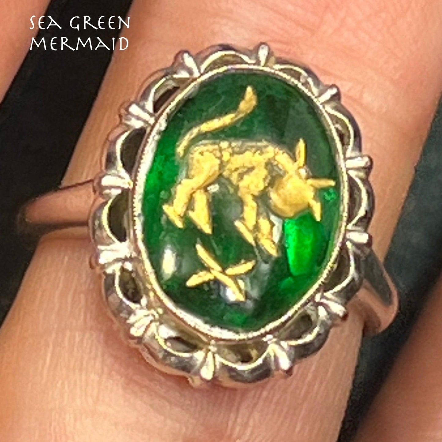 10k White Gold Intaglio Ring w Carved Green Quartz Taurus Bull.