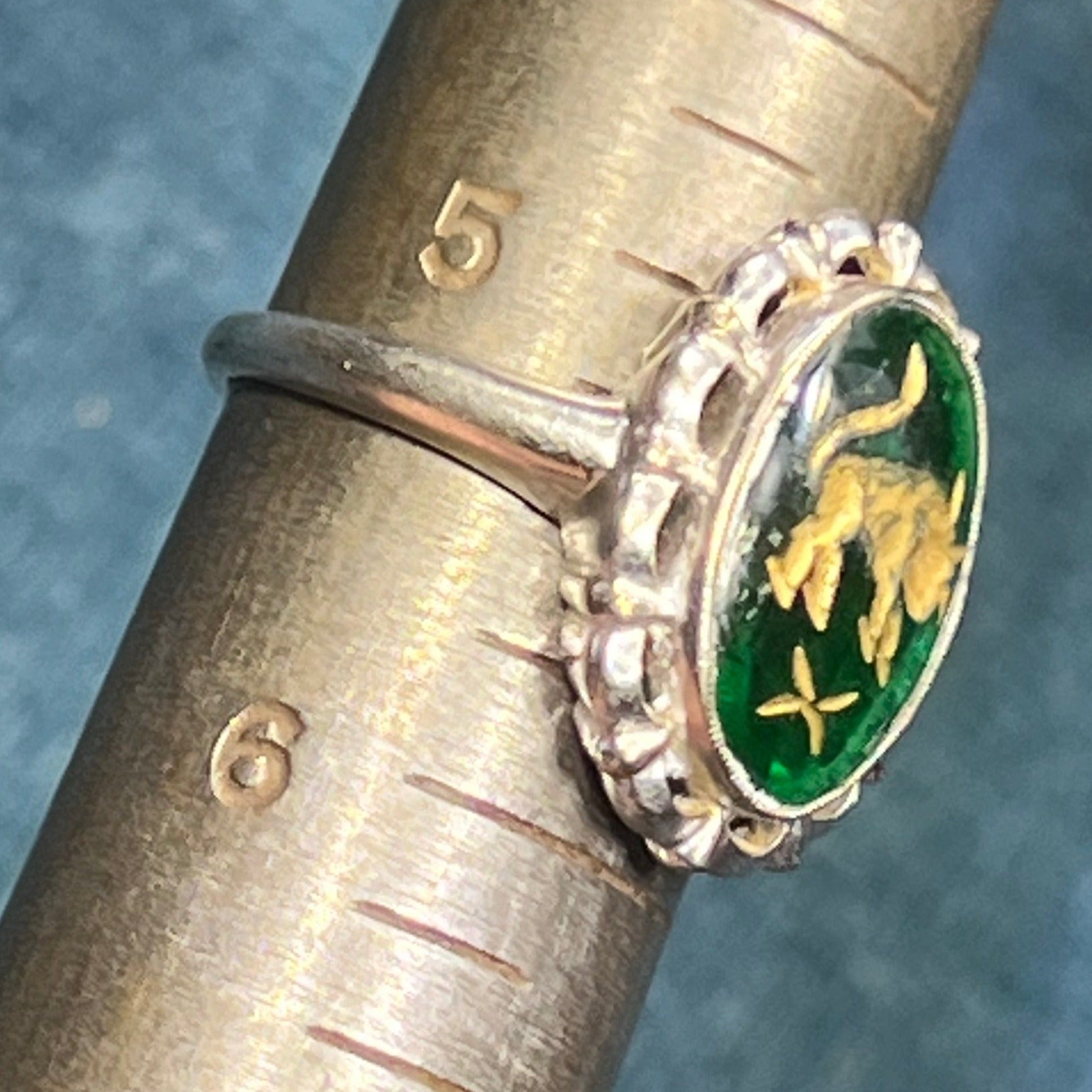10k White Gold Intaglio Ring w Carved Green Quartz Taurus Bull.