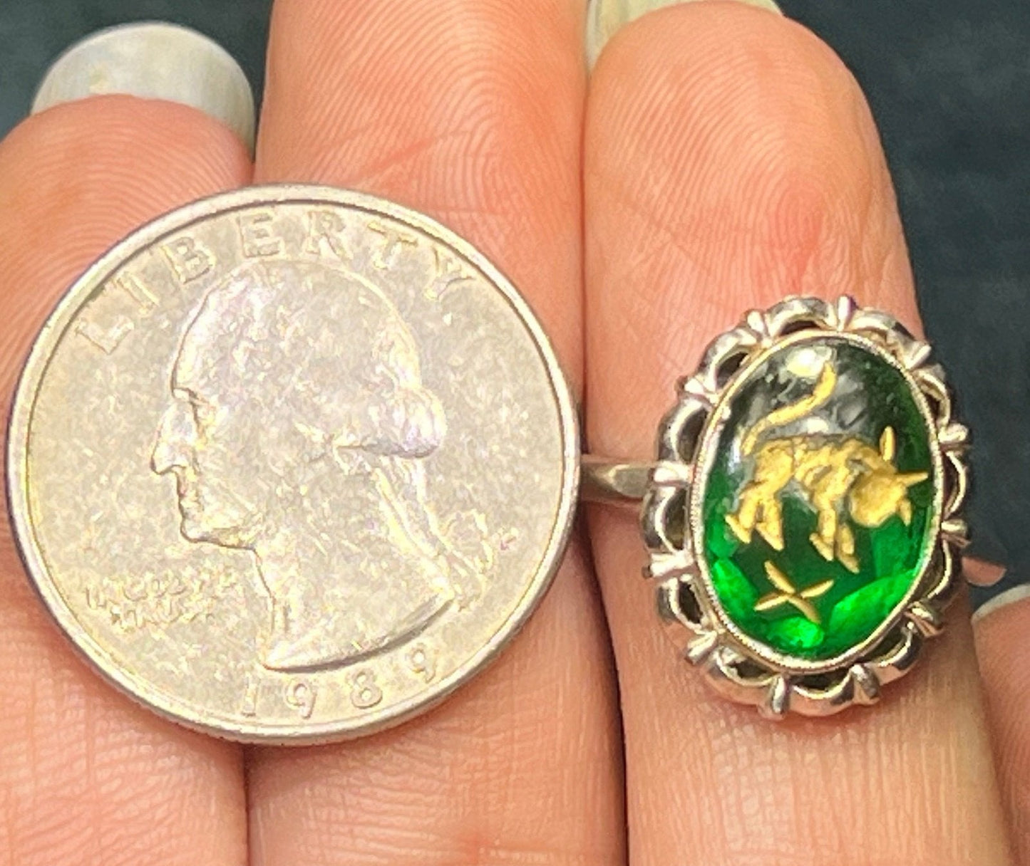10k White Gold Intaglio Ring w Carved Green Quartz Taurus Bull.