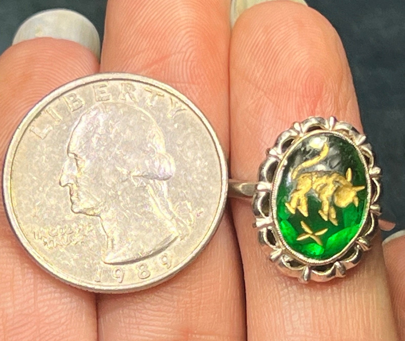10k White Gold Intaglio Ring w Carved Green Quartz Taurus Bull.