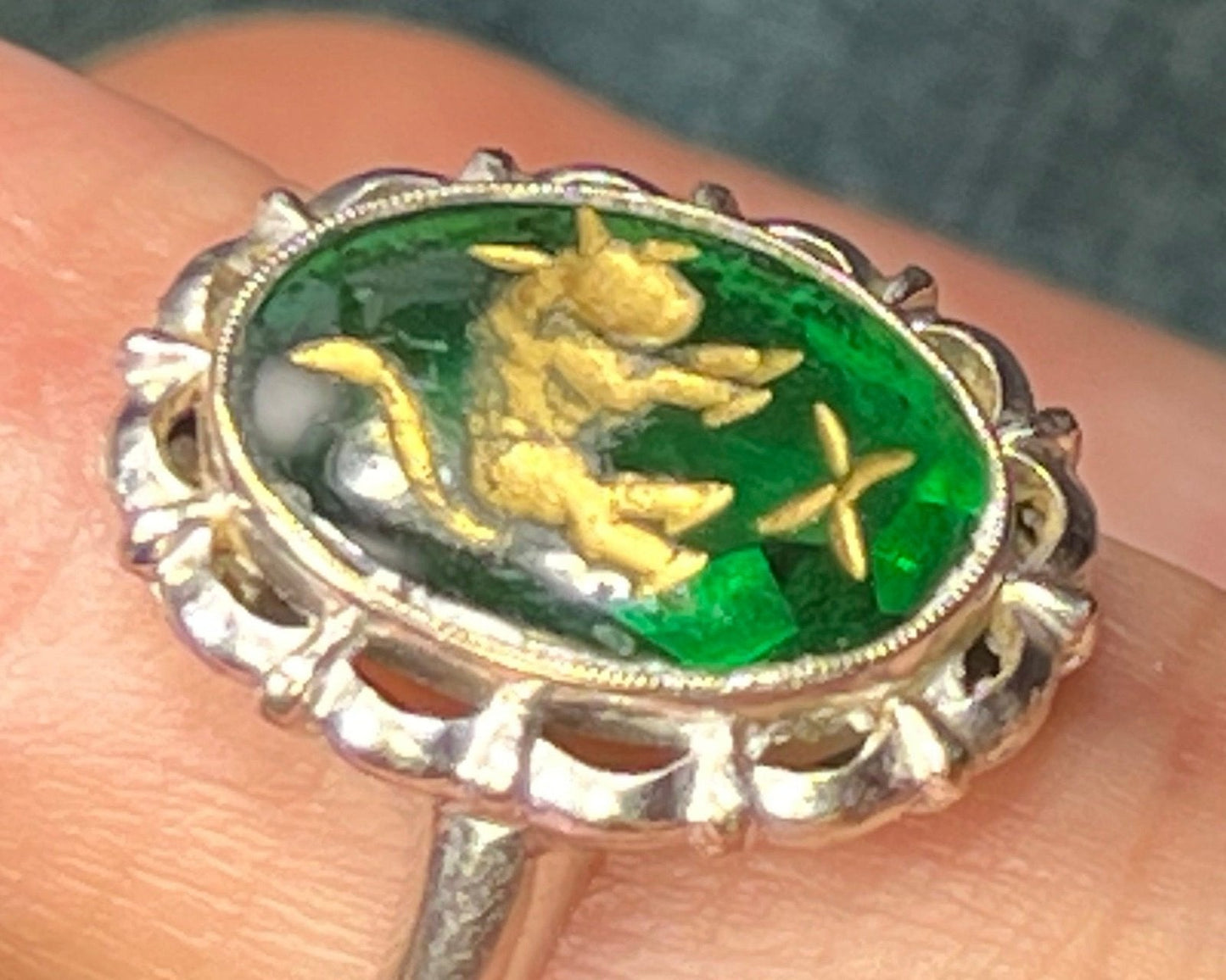 10k White Gold Intaglio Ring w Carved Green Quartz Taurus Bull.