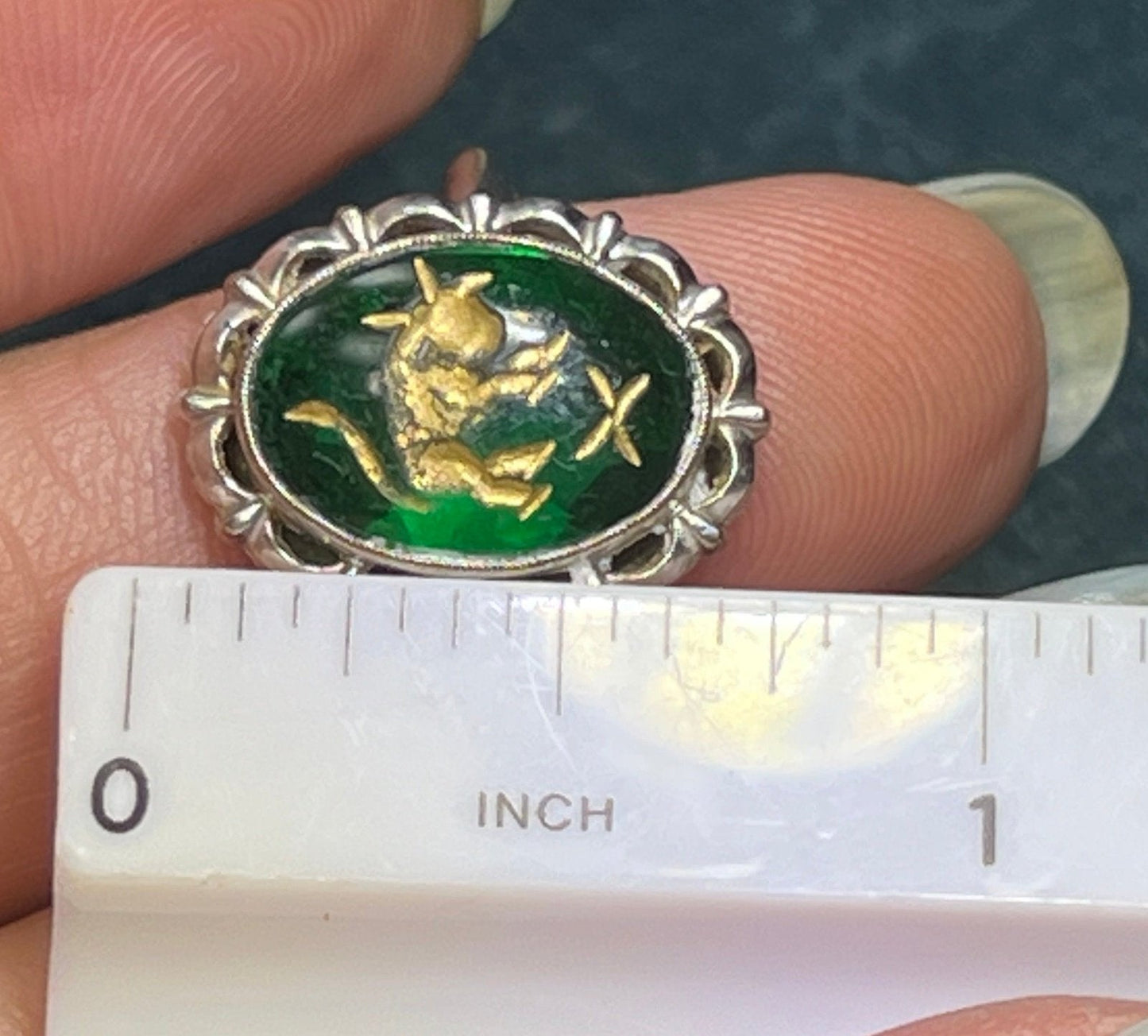 10k White Gold Intaglio Ring w Carved Green Quartz Taurus Bull.