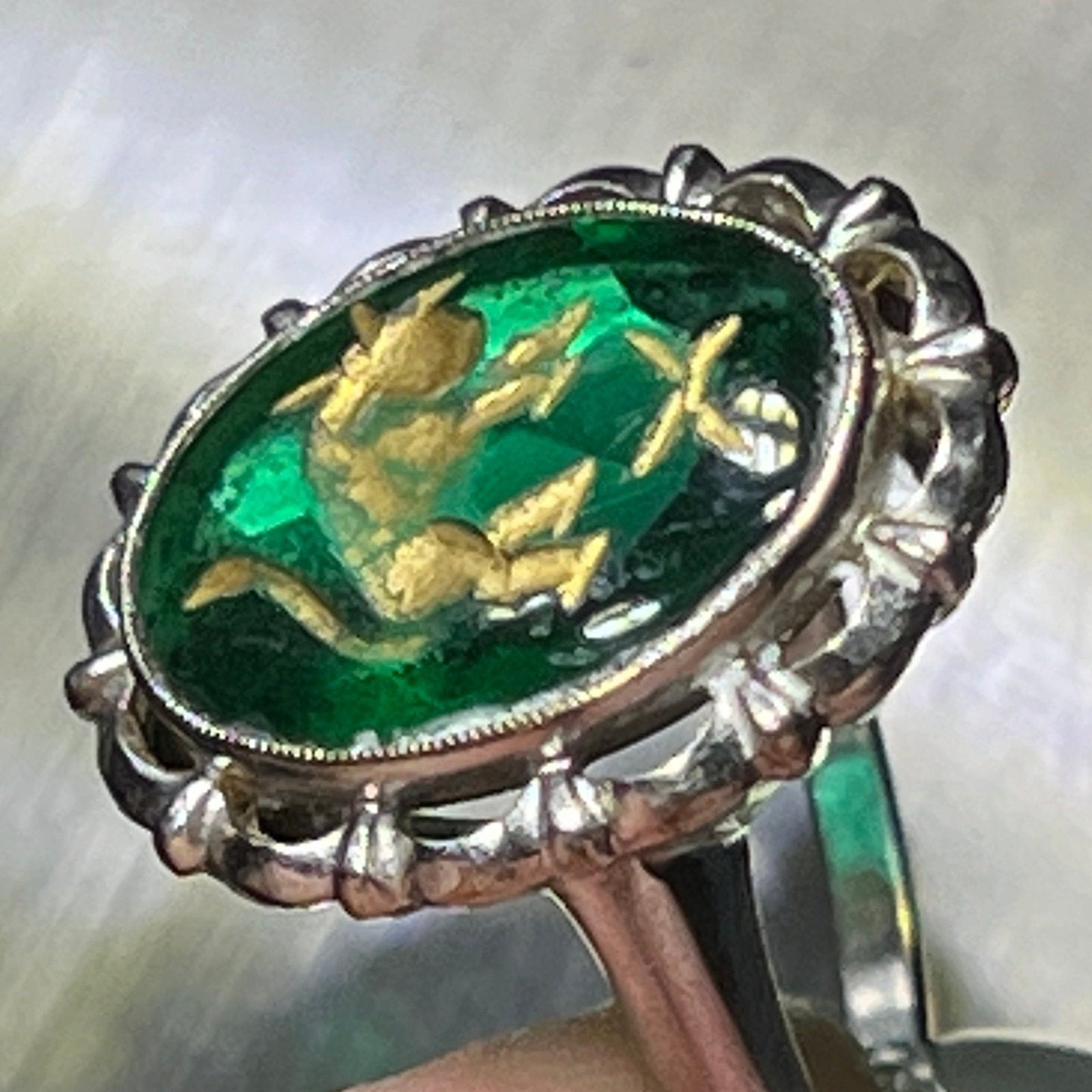 10k White Gold Intaglio Ring w Carved Green Quartz Taurus Bull.