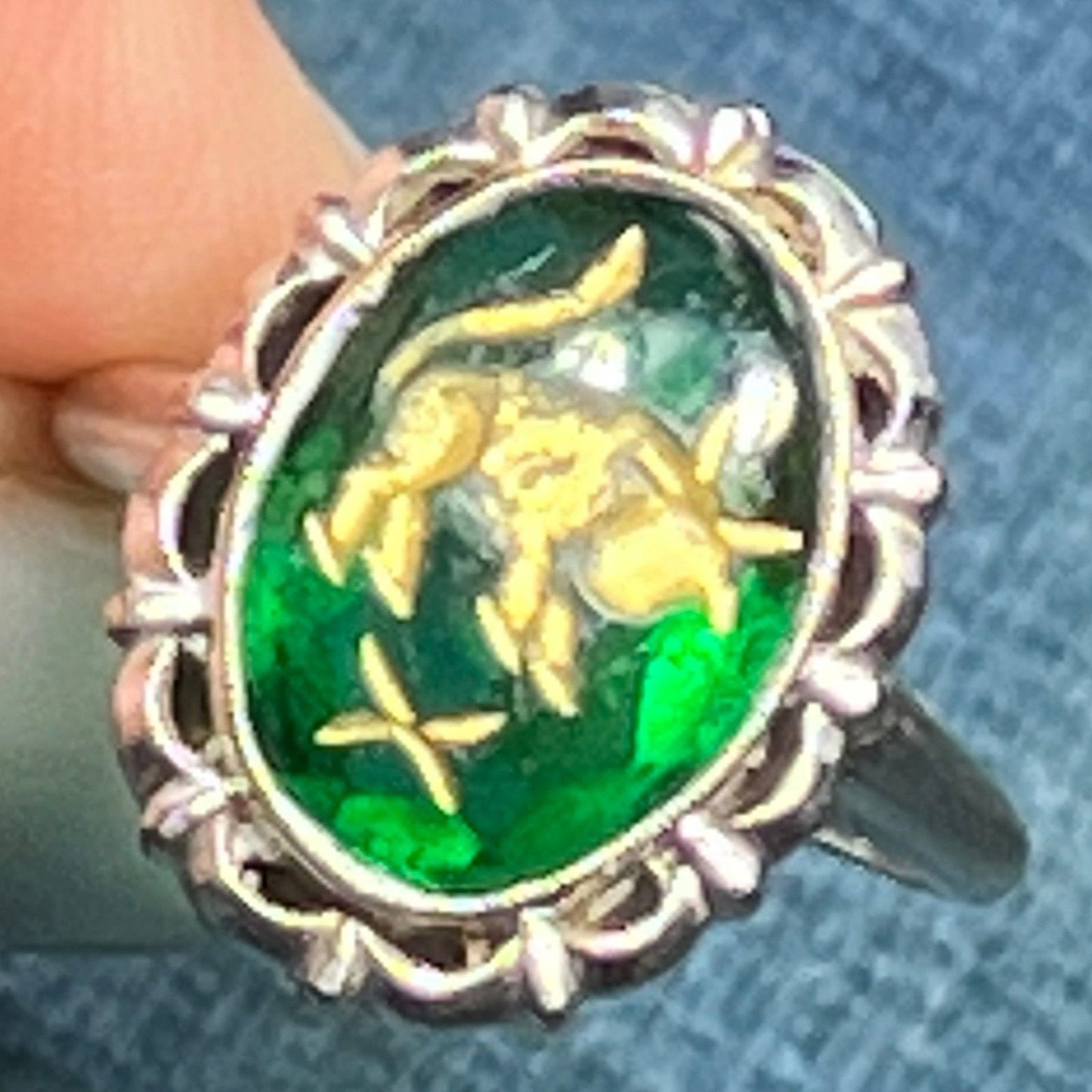 10k White Gold Intaglio Ring w Carved Green Quartz Taurus Bull.