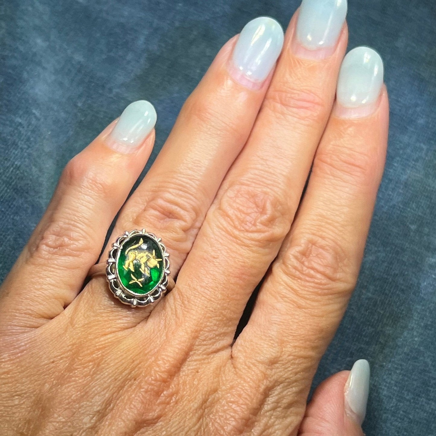 10k White Gold Intaglio Ring w Carved Green Quartz Taurus Bull.