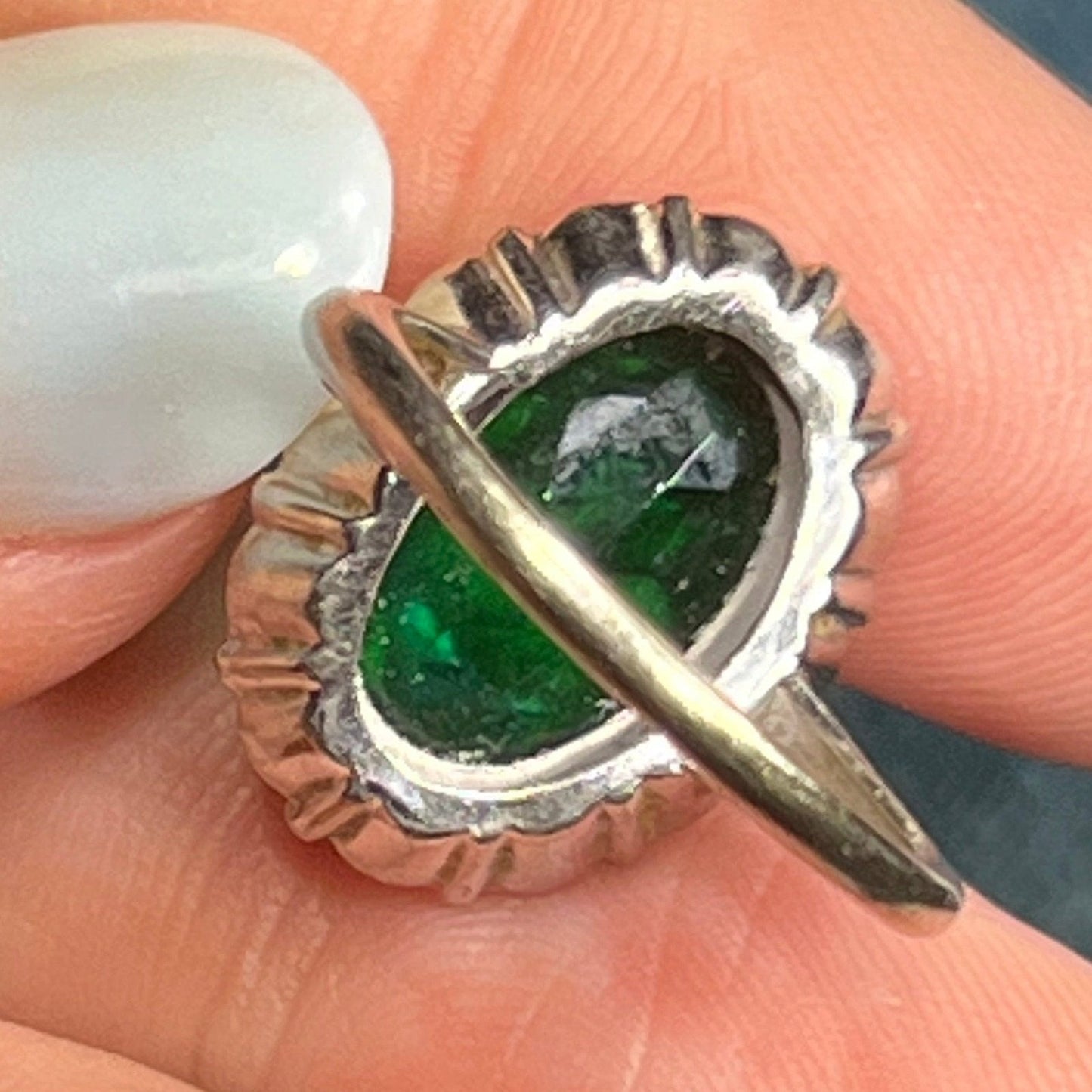 10k White Gold Intaglio Ring w Carved Green Quartz Taurus Bull.