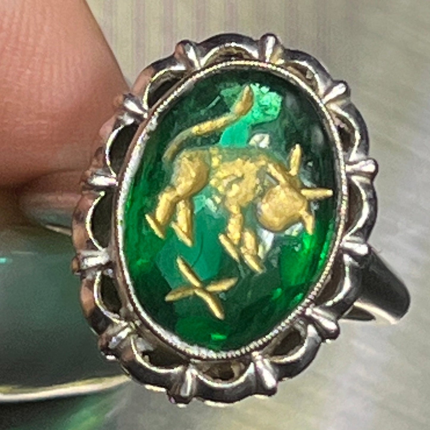 10k White Gold Intaglio Ring w Carved Green Quartz Taurus Bull.