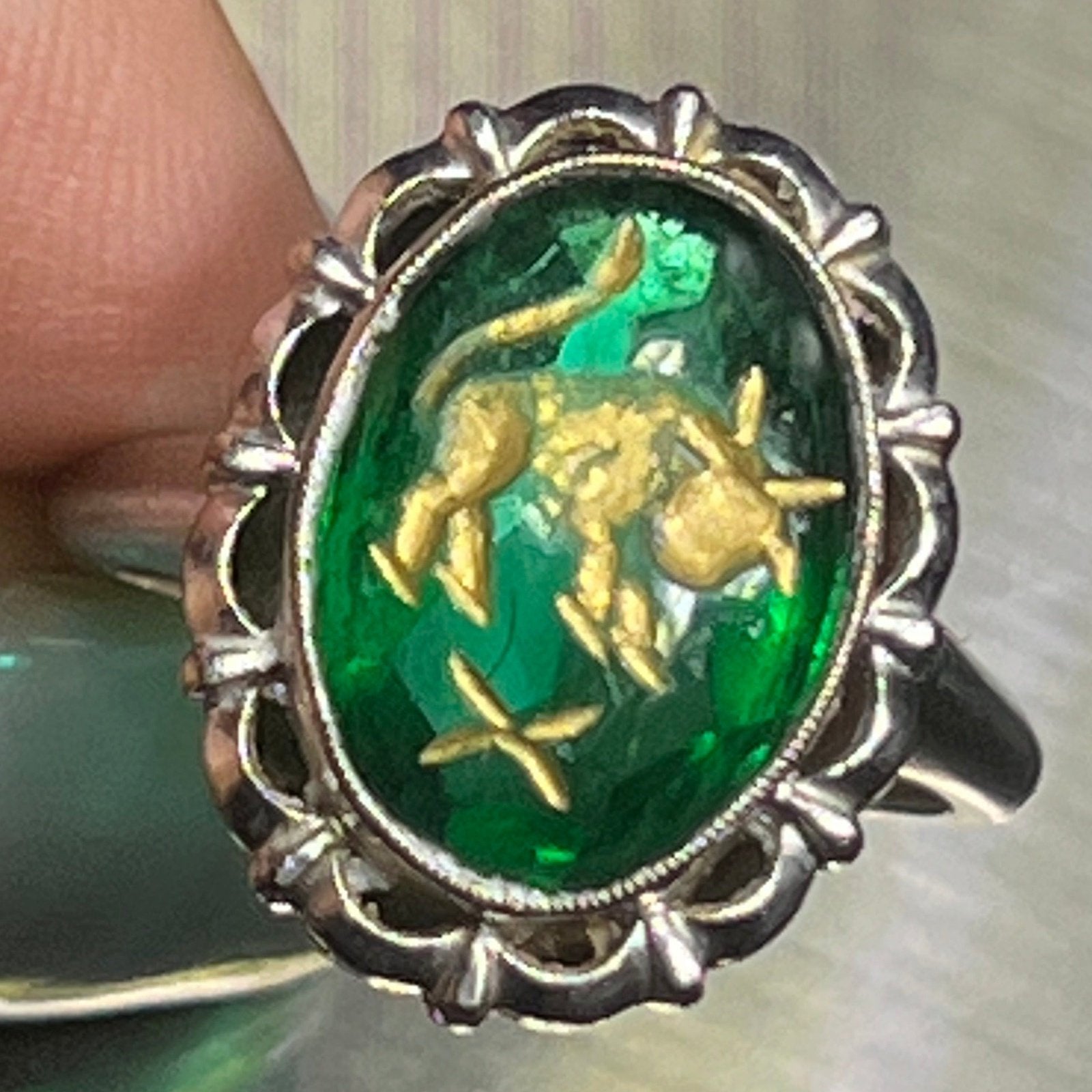 10k White Gold Intaglio Ring w Carved Green Quartz Taurus Bull.