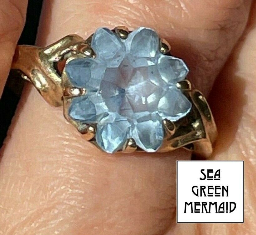 10k Yellow Gold Aquamarine SNOWFLAKE/ SUNFLOWER Ring. Baby Blue_b100_18