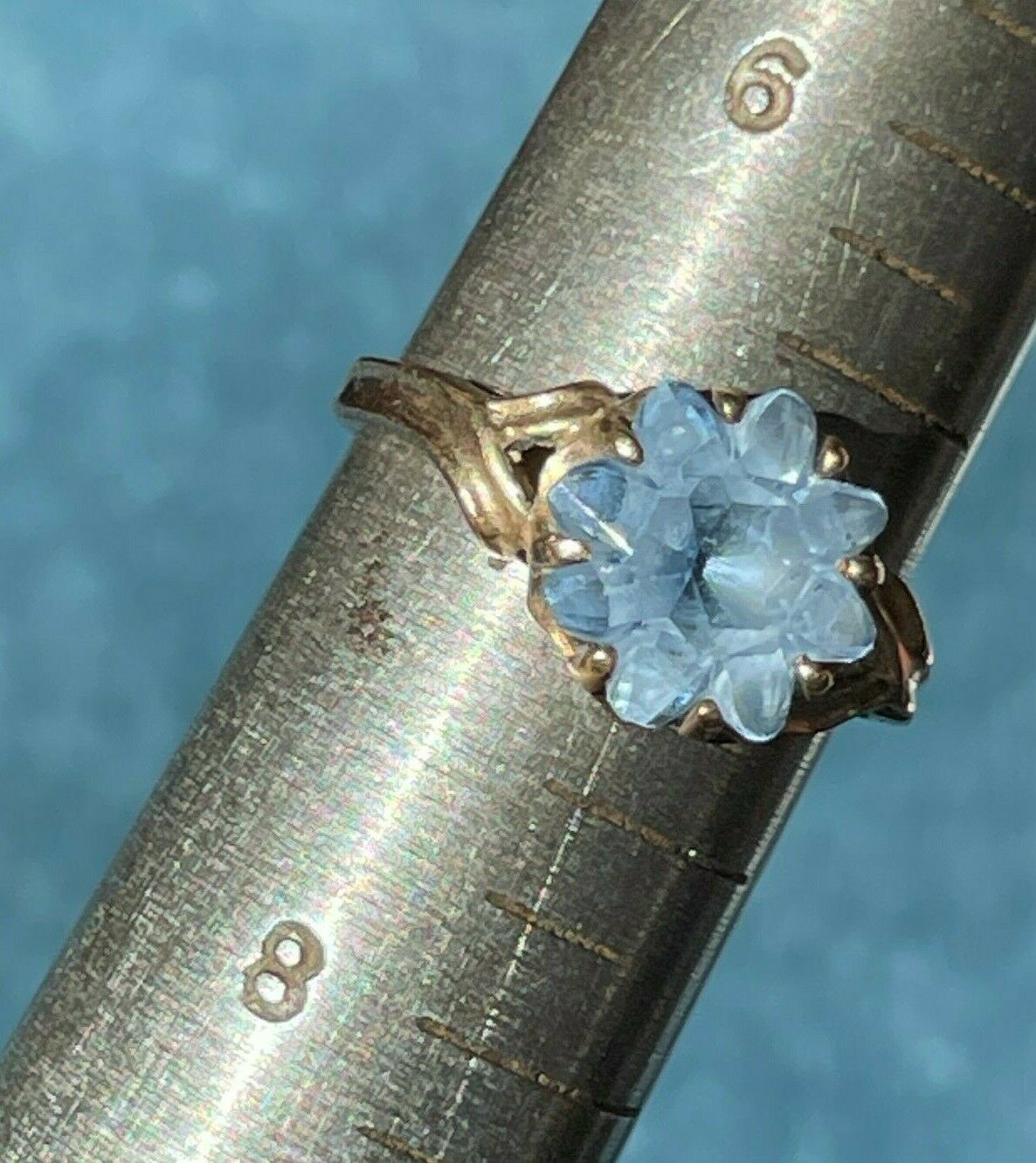 10k Yellow Gold Aquamarine SNOWFLAKE/ SUNFLOWER Ring. Baby Blue_b100_18