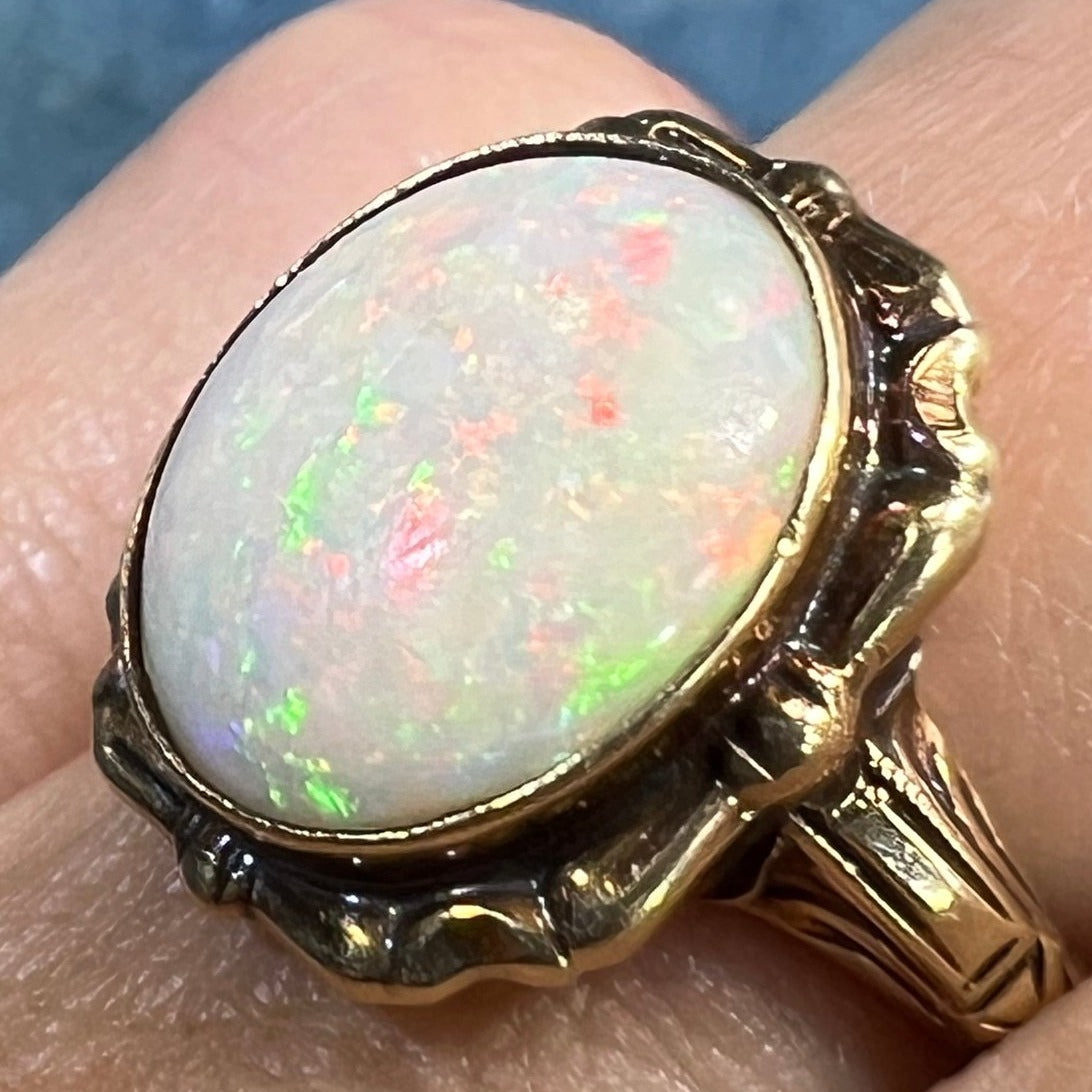 10k Yellow Gold Australian Opal Ring. Scrolled Frame *VIDEO*