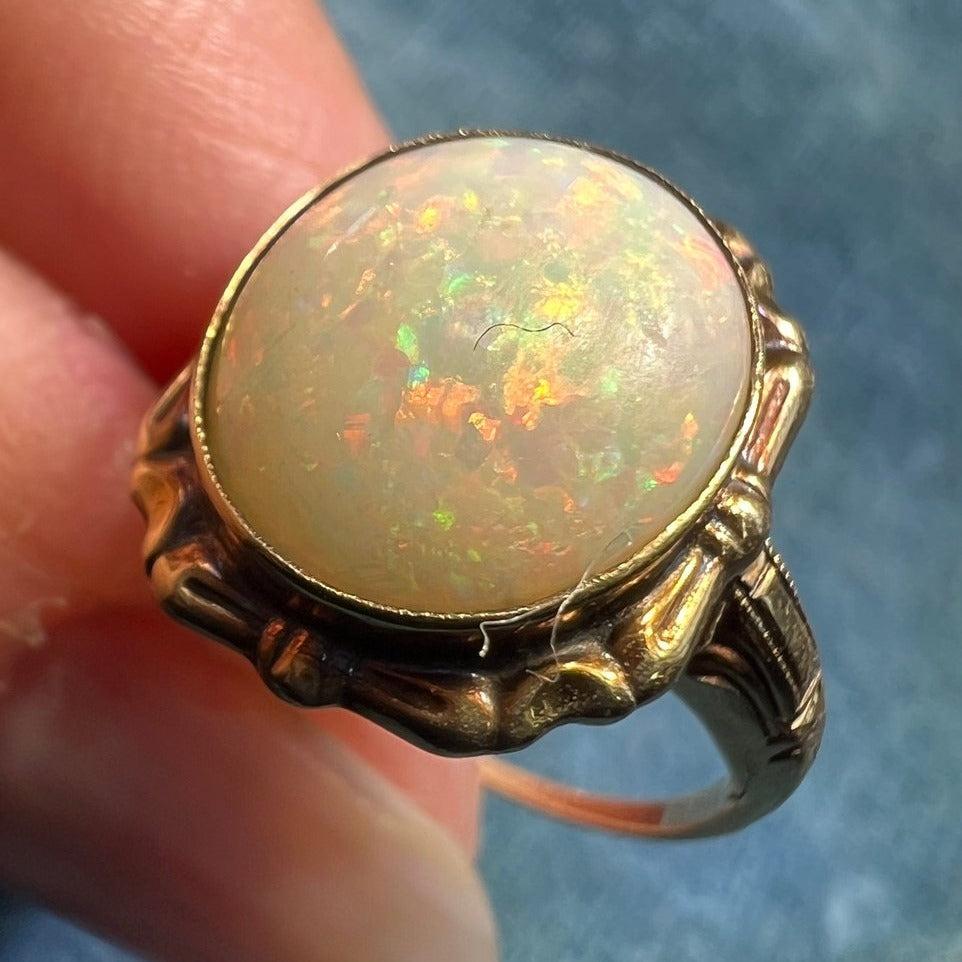 10k Yellow Gold Australian Opal Ring. Scrolled Frame *VIDEO*