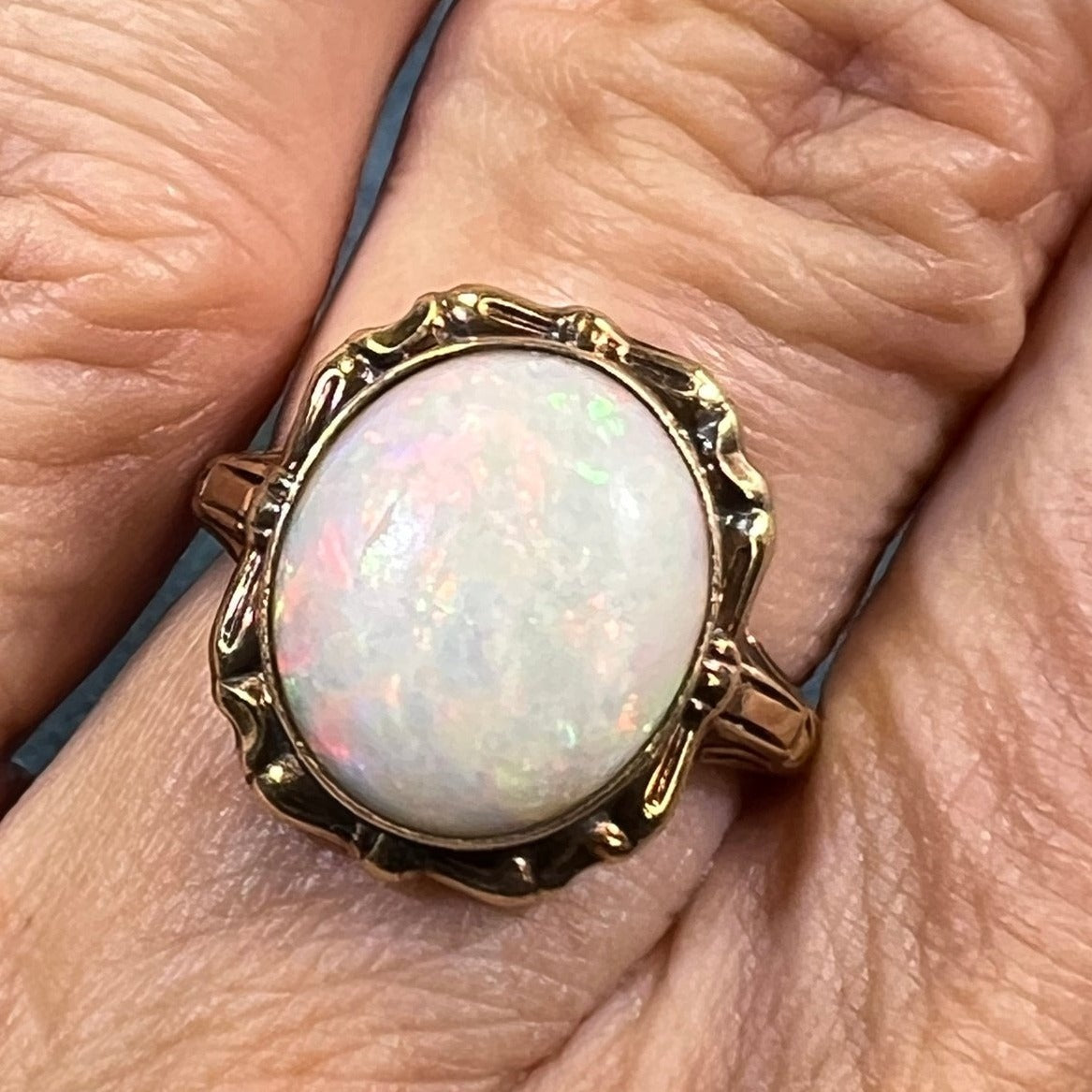 10k Yellow Gold Australian Opal Ring. Scrolled Frame *VIDEO*