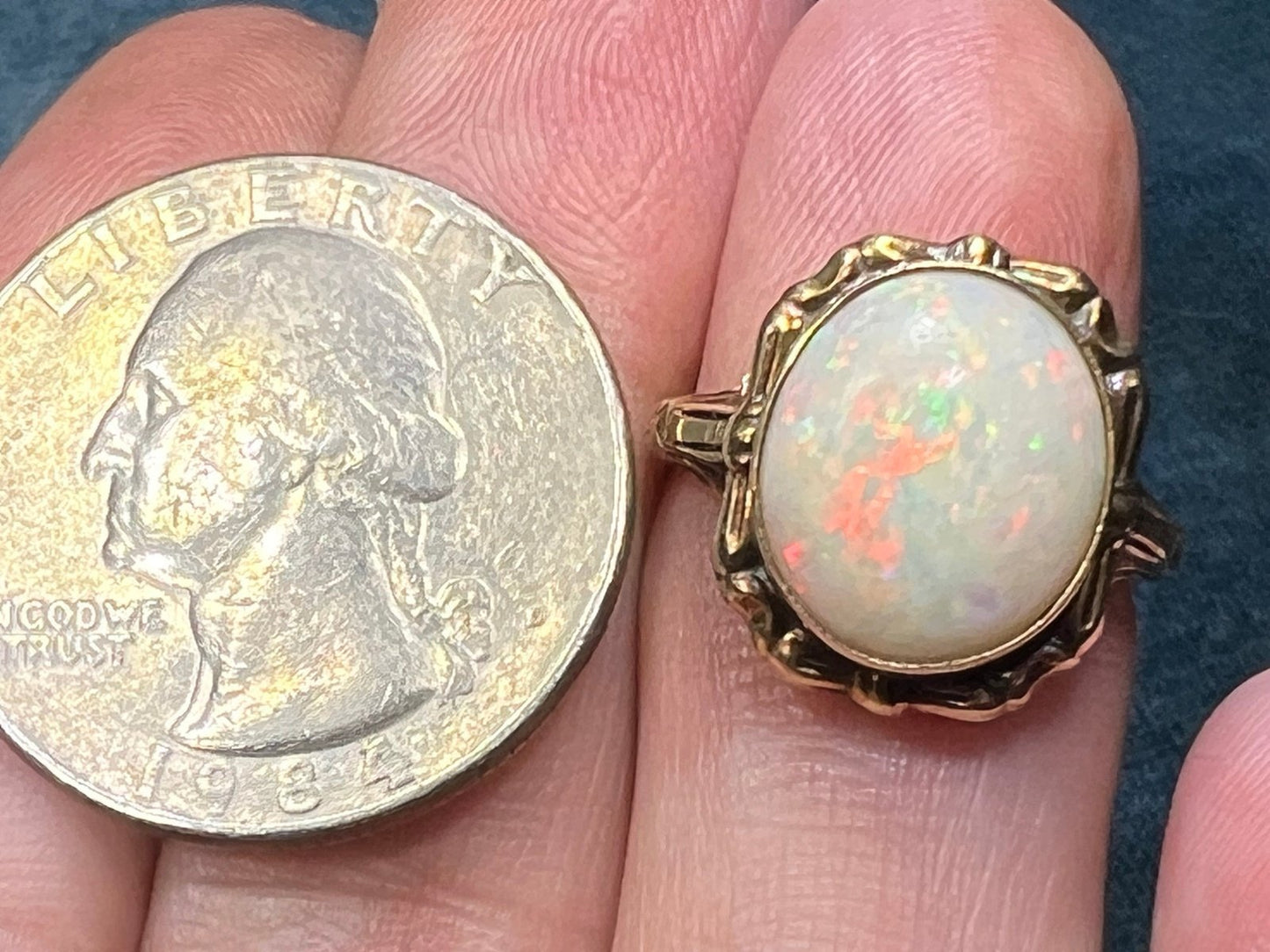 10k Yellow Gold Australian Opal Ring. Scrolled Frame *VIDEO*