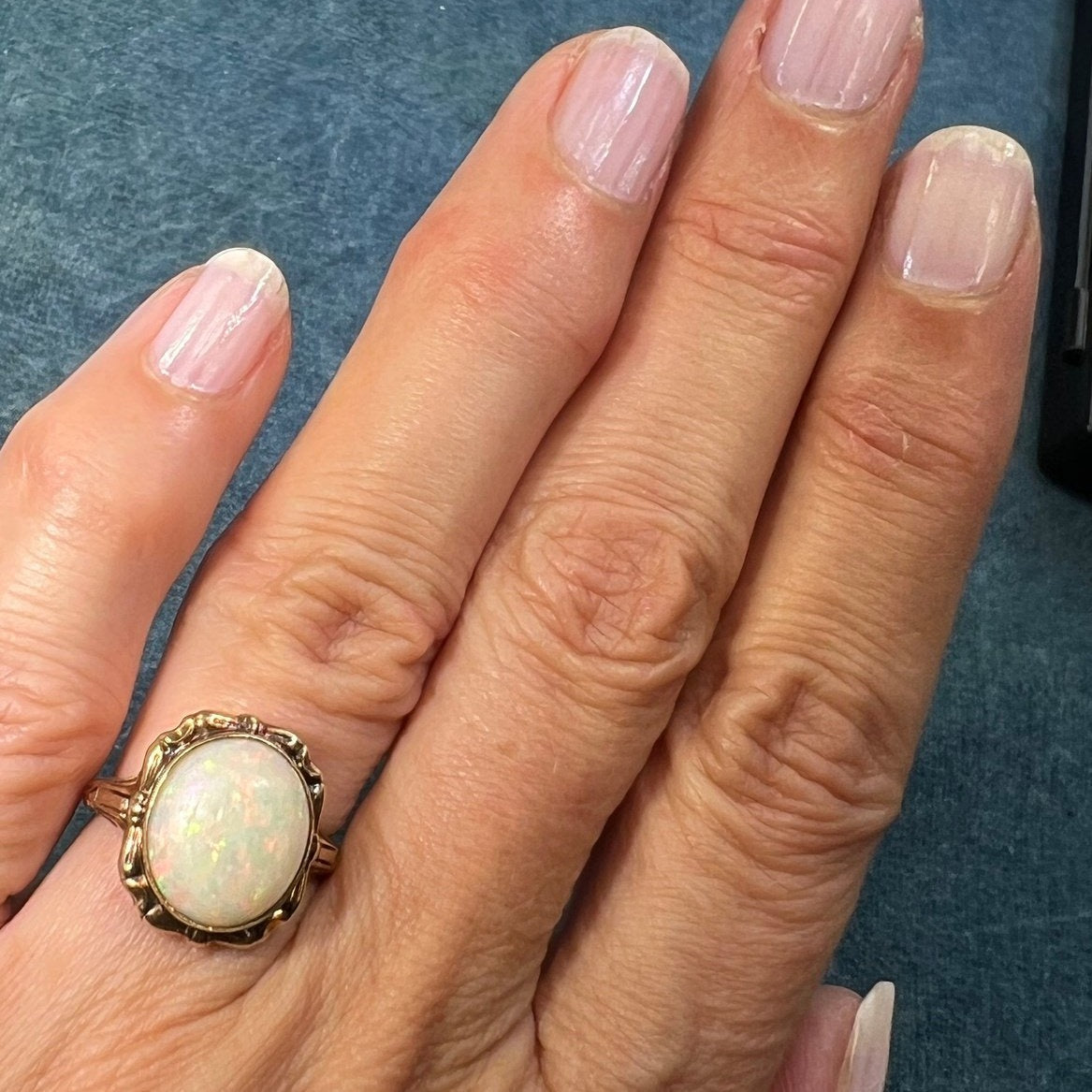 10k Yellow Gold Australian Opal Ring. Scrolled Frame *VIDEO*