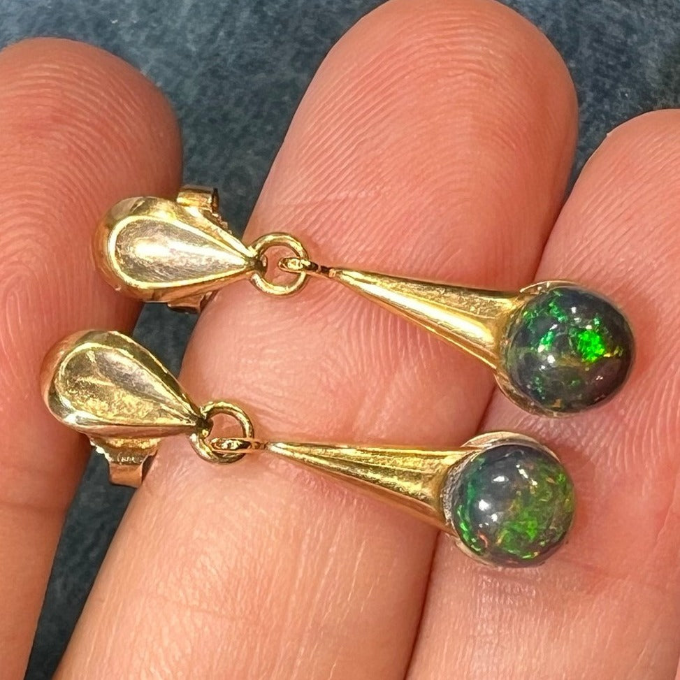 10k Yellow Gold Ethiopian Black Jelly Opal Dangle Earrings **Video**