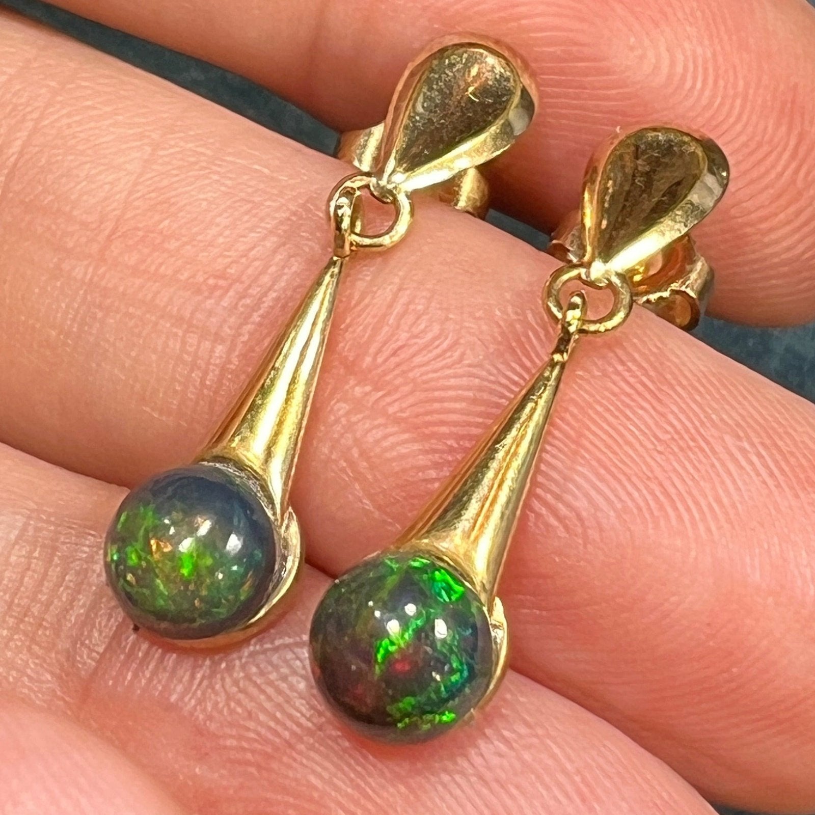 10k Yellow Gold Ethiopian Black Jelly Opal Dangle Earrings **Video**