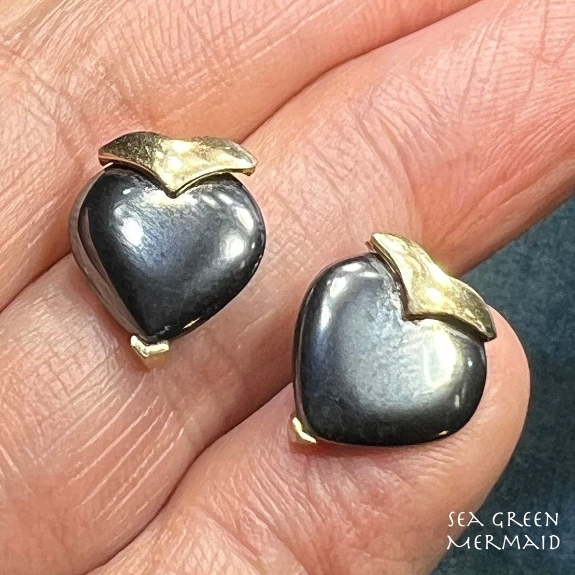 10k Yellow Gold Hematite HEART Earrings