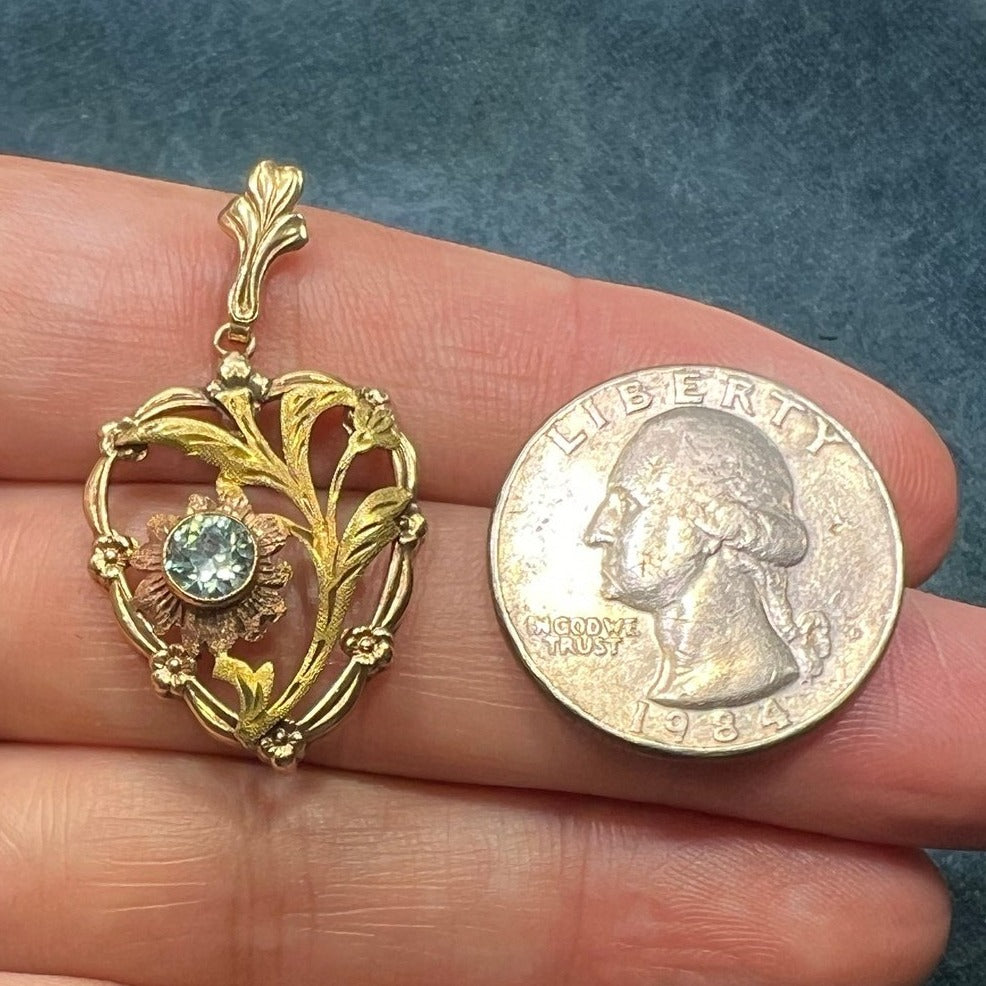 10k Yellow & Rose Gold Blue Topaz Filigree Flower Heart Pendant. 1.5"