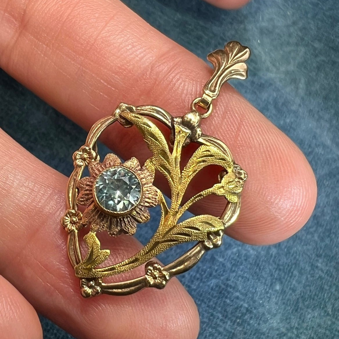 10k Yellow & Rose Gold Blue Topaz Filigree Flower Heart Pendant. 1.5"