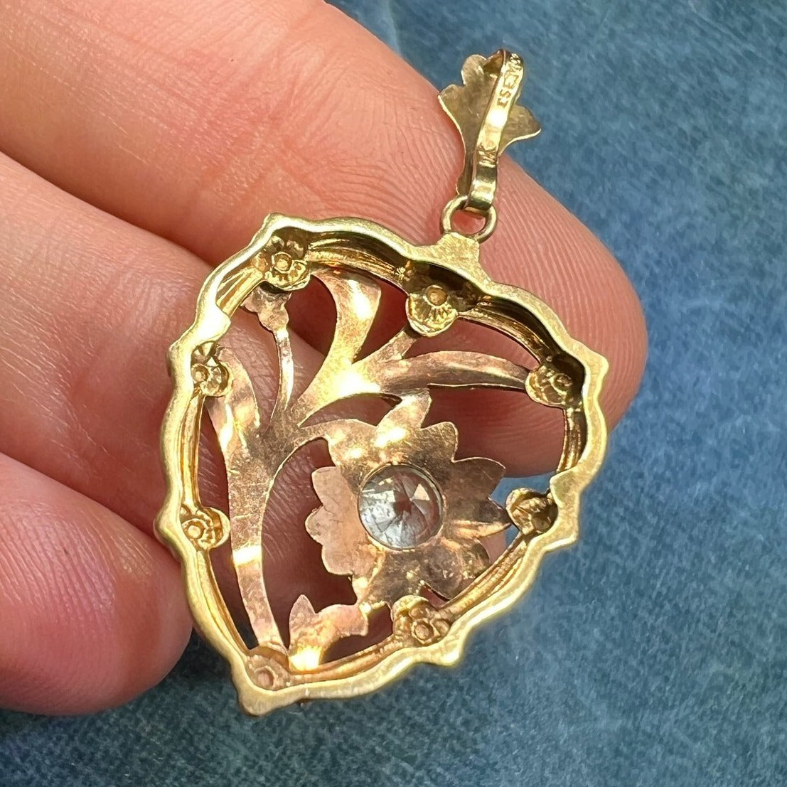 10k Yellow & Rose Gold Blue Topaz Filigree Flower Heart Pendant. 1.5"