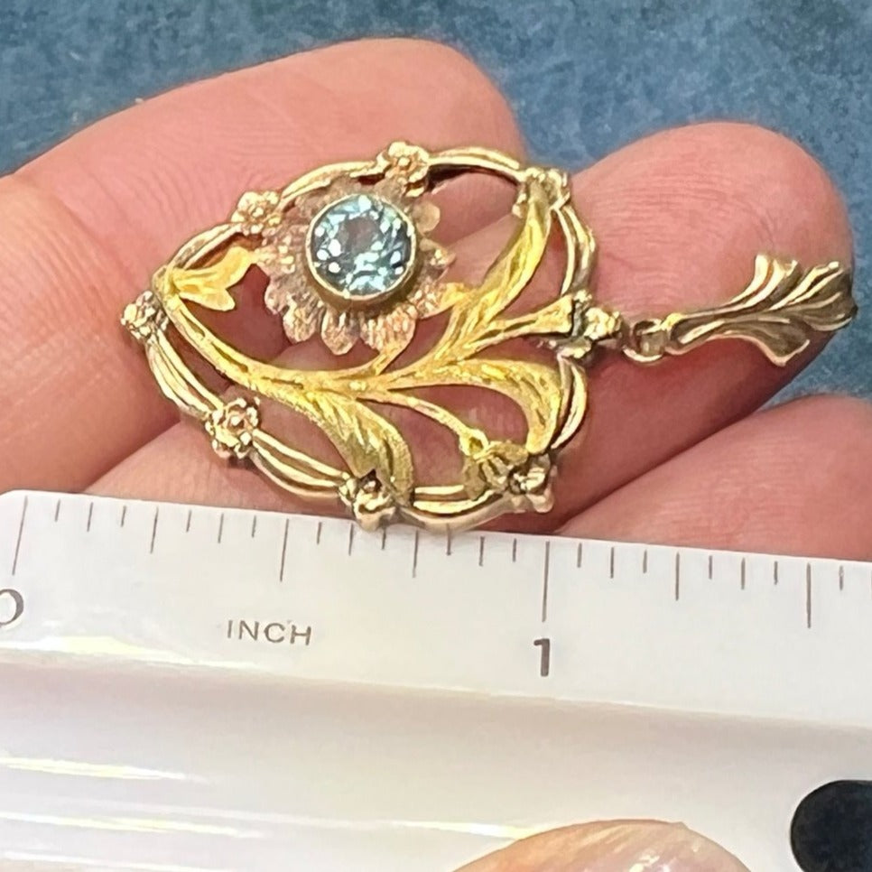 10k Yellow & Rose Gold Blue Topaz Filigree Flower Heart Pendant. 1.5"