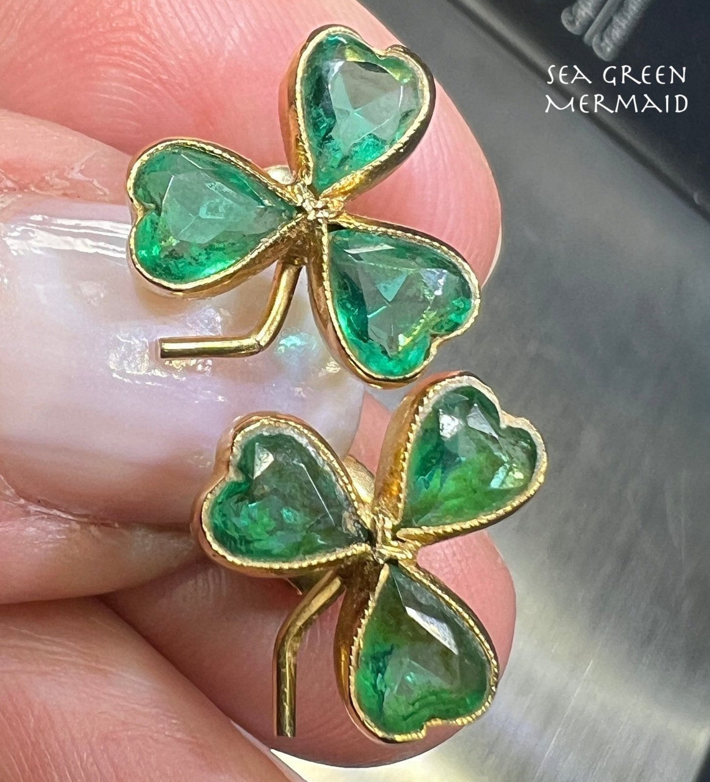 10k Yellow Rose Gold Emerald Green Paste Clover Antique Earrings