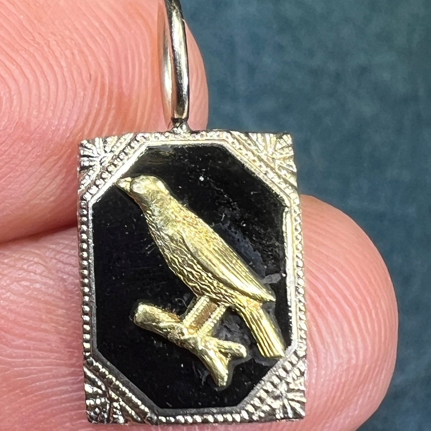 10k Yellow + White Gold Raven Bird Onyx Pendant. Gothic