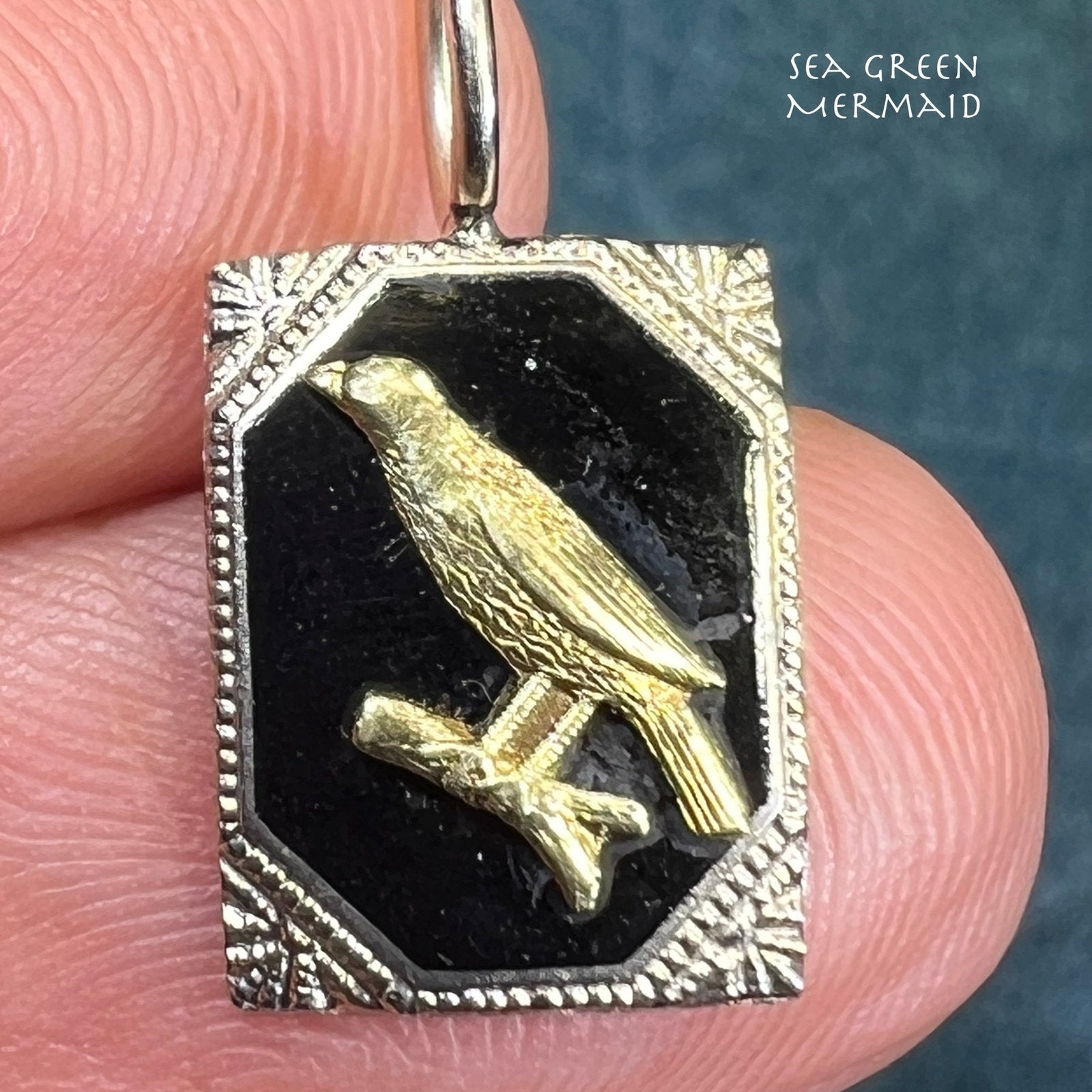 10k Yellow + White Gold Raven Bird Onyx Pendant. Gothic