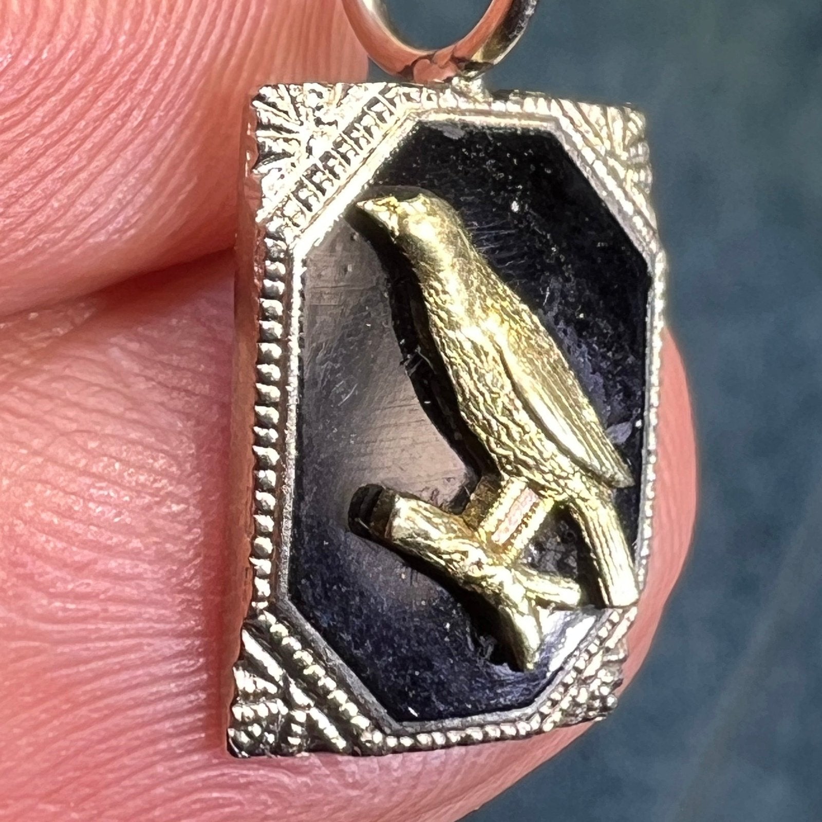 10k Yellow + White Gold Raven Bird Onyx Pendant. Gothic