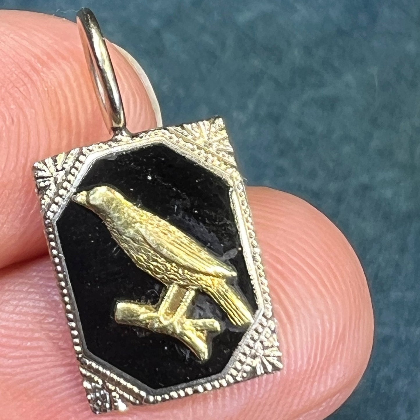 10k Yellow + White Gold Raven Bird Onyx Pendant. Gothic