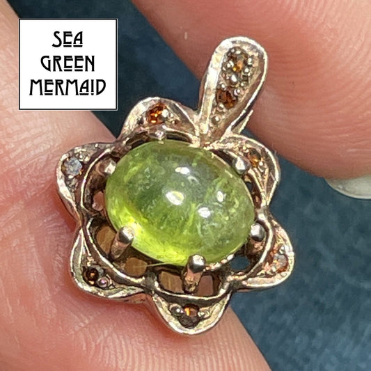 10k Genuine Peridot Cabochon Flower Pendant w Garnets