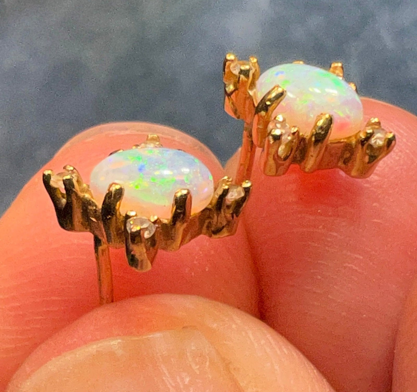 10k Gold Australian Crystal Jelly Opal Earrings w Diamonds. TINY! *Video*