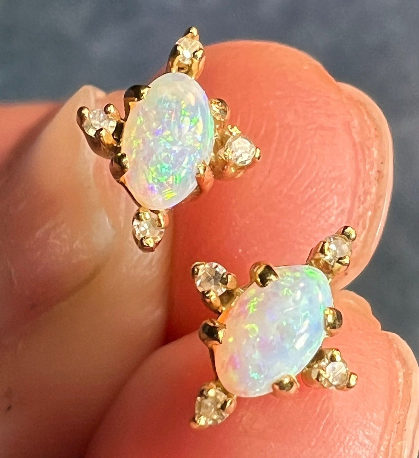 10k Gold Australian Crystal Jelly Opal Earrings w Diamonds. TINY! *Video*