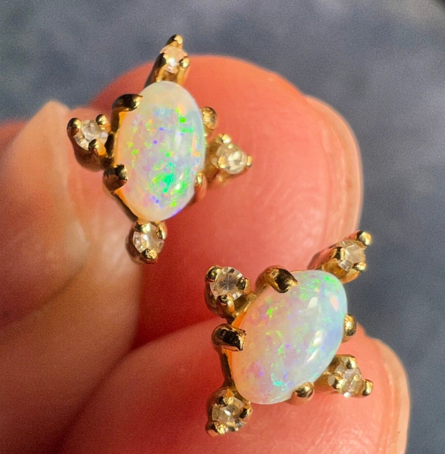 10k Gold Australian Crystal Jelly Opal Earrings w Diamonds. TINY! *Video*